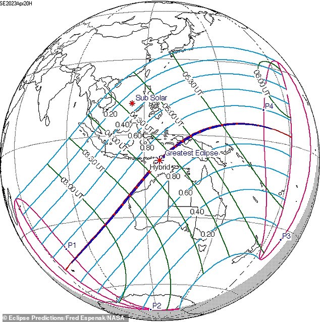 المنطقة المشار إليها بالخطوط الزرقاء على هذه الخريطة هي المساحة الإجمالية التي سيتجاوزها ظل القمر يوم الخميس.  يشير الخط الأرجواني في المنتصف إلى 