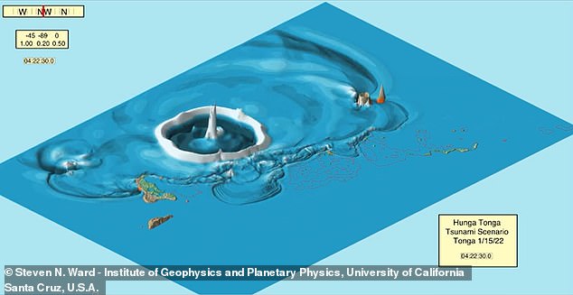 استخدم العلماء في جامعة ميامي بيانات الأقمار الصناعية وتحت الماء لإنشاء محاكاة لتسونامي الهائل الذي ضرب أرخبيل تونجا (في الصورة)