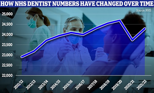 يوضح هذا الرسم البياني عدد أطباء الأسنان الذين نفذوا نشاط NHS كل عام ، وانخفض الرقم بشكل حاد خلال جائحة كوفيد ، لكنه تعافى قليلاً إلى ما يزيد قليلاً عن 24000 وفقًا لأحدث البيانات