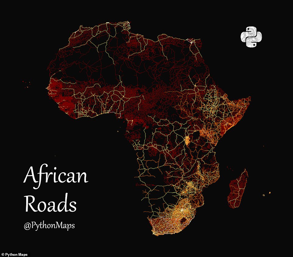 في إفريقيا وأستراليا ، مساحات شاسعة ليس لها لون على الإطلاق بفضل المناطق الكبيرة الخالية من الطرق ، مثل الصحاري