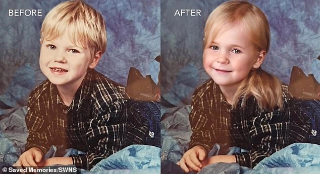 باستخدام برنامج AI Stable Diffusion ، تم تحرير صور الطفولة لتتماشى مع الهوية الجنسية الحقيقية للشخص.  في الصورة: صور لوسي هيلينبرخت المتحولة ، قبل وبعد