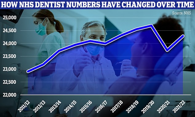يوضح هذا الرسم البياني عدد أطباء الأسنان الذين يجرون علاج NHS كل عام.  انخفض الرقم بشكل حاد خلال جائحة كوفيد ، لكنه تعافى قليلاً إلى ما يزيد قليلاً عن 24000 ، وفقًا لأحدث البيانات