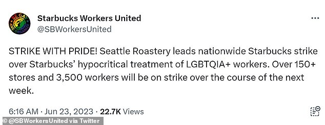 أعلن اتحاد عمال ستاربكس يوم الجمعة أن العمال في جميع أنحاء أمريكا سيضربون عن `` المعاملة المنافقة للعاملين من مجتمع الميم ''.