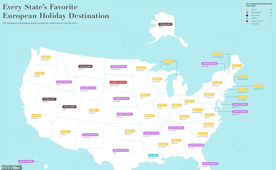 تُظهر خريطة منفصلة للولايات المتحدة كيف أن صقلية هي الوجهة الأوروبية الأكثر شعبية في 29 ولاية ، وسانتوريني هي الأولى في 16 ، وتوسكانا هي الأولى في أربع ولايات