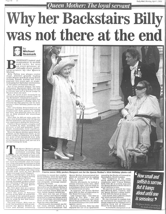 تغطية ديلي ميل لكيفية سقوط تالون على الأسرة المالكة بعد أن شوهدت وهي تجول الأميرة مارجريت على كرسي متحرك في عيد ميلاد الملكة الأم الـ 101