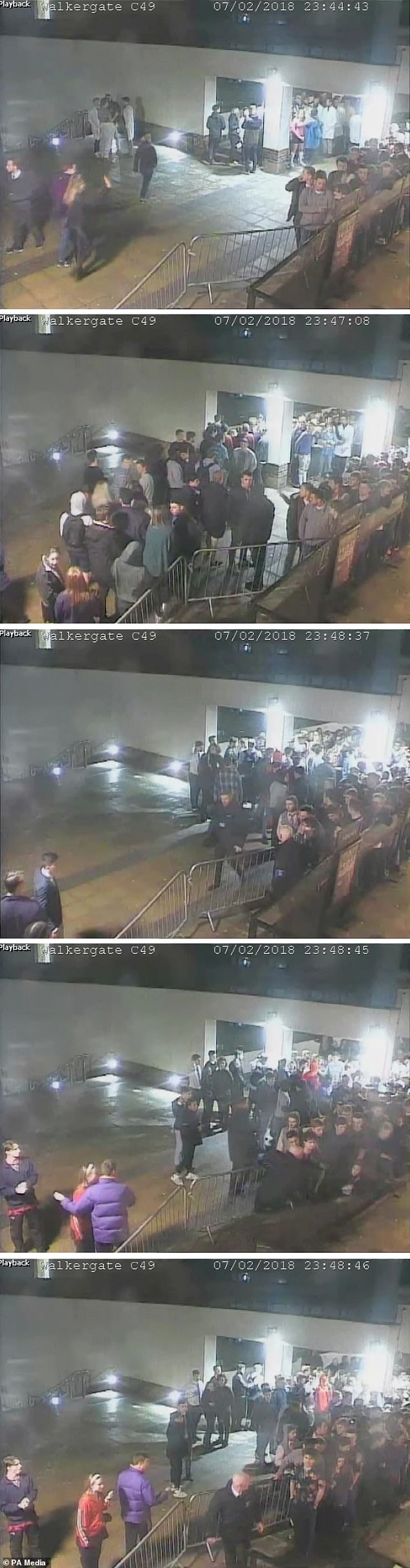 لقطات كاميرات مراقبة خارج ملهى ميسولا الليلي في دورهام ، تُظهر المشاهد بينما يصطف الطلاب في الطابور