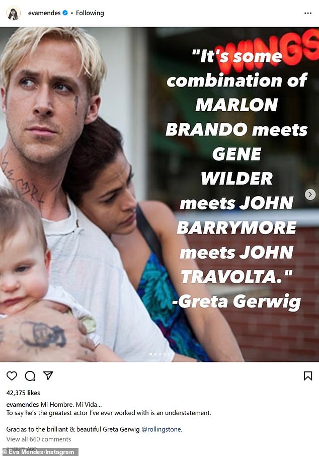 داعمة: انتقلت Eva Mendes إلى Instagram يومي الأربعاء والخميس للتحدث عن زوجها Ryan Gosling قبل ظهوره في فيلم Barbie