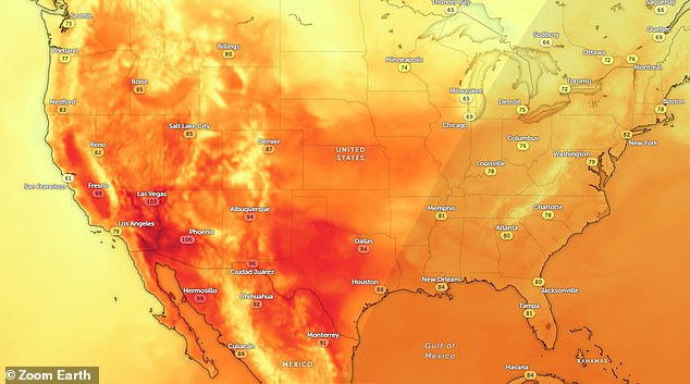 تجتاح موجة الحر حاليًا أمريكا ، خاصة في الأجزاء الجنوبية من تكساس وكاليفورنيا وأريزونا وفلوريدا.  في الصورة: خريطة القمر الصناعي للموظفين المؤقتين في الولايات المتحدة