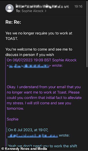 تم إرسال بريد إلكتروني من Toast boss إلى Sophie Alcock