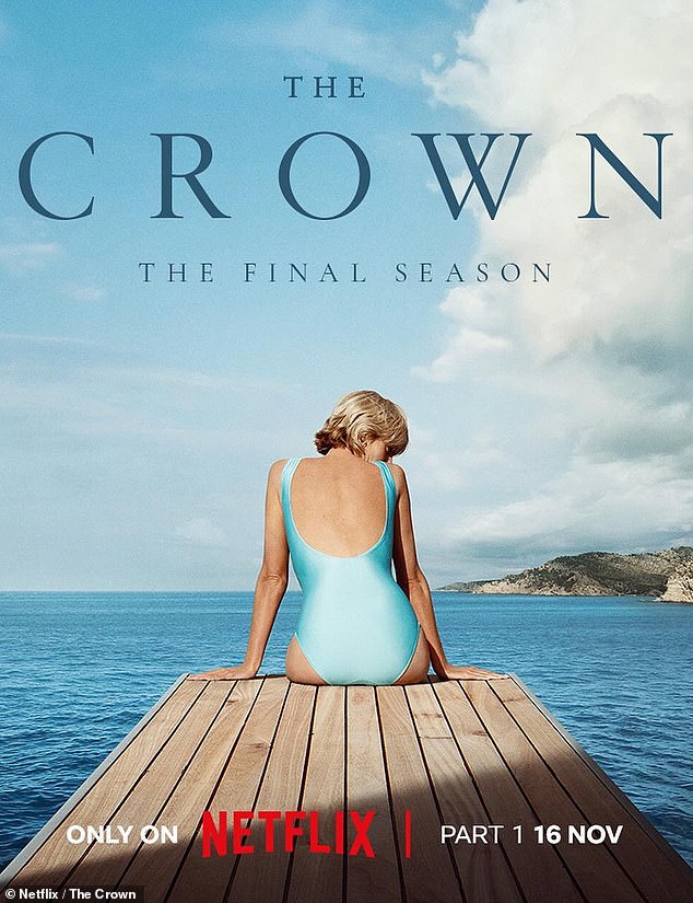 القادم: يُظهر ملصق المسلسل لقطة مذهلة للأميرة ديانا وهي ترتدي بدلة سباحة زرقاء وتجلس في نهاية رصيف المراكب الصغيرة.