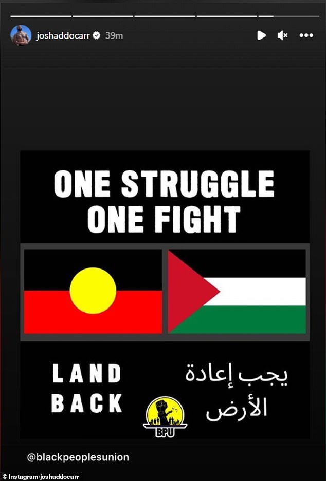 وربط أدو كار نضال الفلسطينيين بمحنة السكان الأصليين الأستراليين في منشور على موقع إنستغرام يوم الثلاثاء