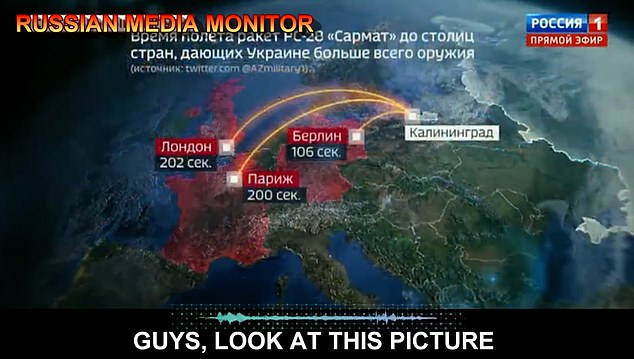 في العام الماضي، وضع التلفزيون الحكومي الروسي خريطة تظهر على ما يبدو المدة التي ستستغرقها الصواريخ الروسية لضرب المملكة المتحدة وفرنسا وألمانيا إذا تم إطلاقها من كالينينغراد.