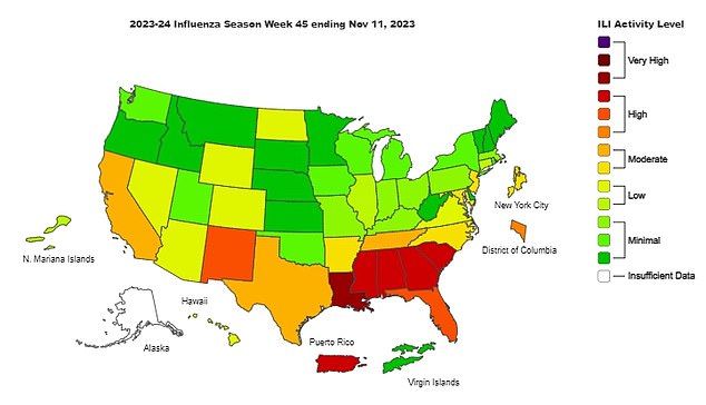 تُظهر هذه الخريطة نشاط الأنفلونزا حسب الولاية.  ويكشف أن النشاط هو الأعلى في لويزيانا وبورتوريكو