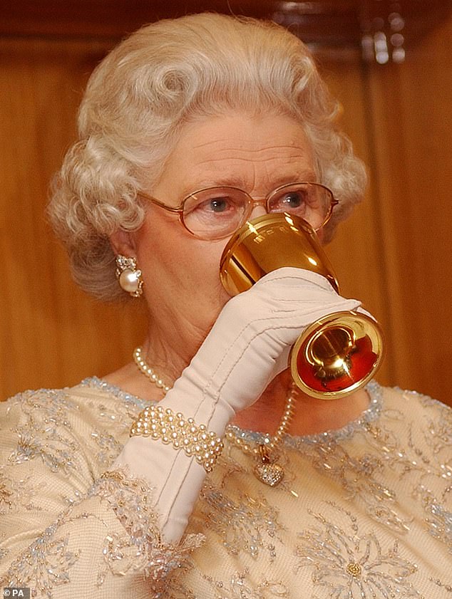 الملكة إليزابيث تشرب نخبًا على العشاء لمسؤولي الكومنولث في نيجيريا عام 2003 - اللآلئ معروضة بالكامل