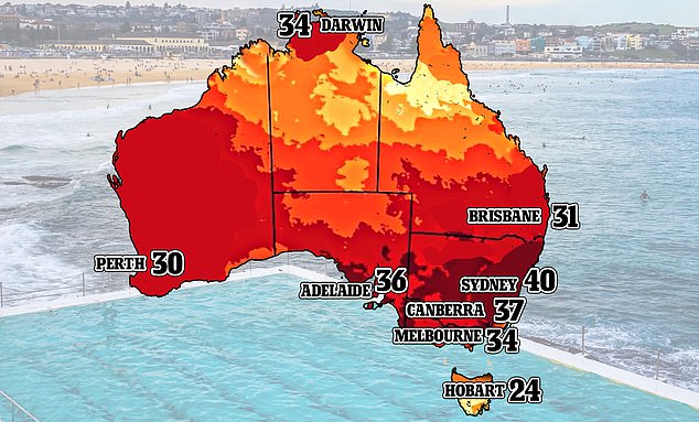 ستنتشر موجة حارة وحشية في جميع أنحاء أستراليا في نهاية هذا الأسبوع حيث يستعد نصف البلاد لدرجات حرارة قاسية مع القليل من الراحة (في الصورة، درجات الحرارة القصوى في نهاية هذا الأسبوع)