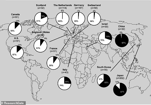 تُظهر الخريطة أعلاه حالات العدوى بالميكوبلازما الرئوية في بلدان مختارة بين عامي 2011 و2016. وتمثل النسبة السوداء لكل فطيرة نسبة العدوى المقاومة للمضادات الحيوية الماكروليدية، مثل أزيثروميسين.  ويظهر أن المستويات أعلى بكثير في الصين