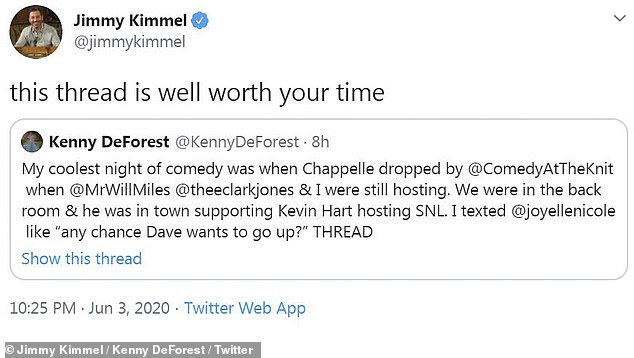 أعاد مضيف الليل جيمي كيميل تغريد قصة DeForest عن ديف تشابيل في عام 2020
