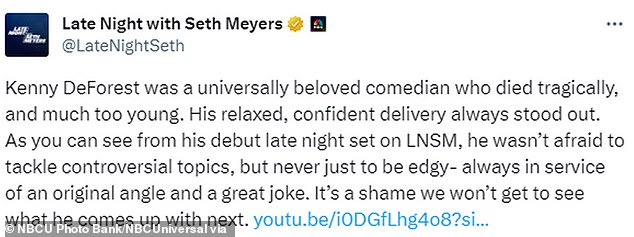 أشاد حساب Twitter الرسمي لـ Late Nigh with Seth Meyers بـ DeForest بهذه الرسالة