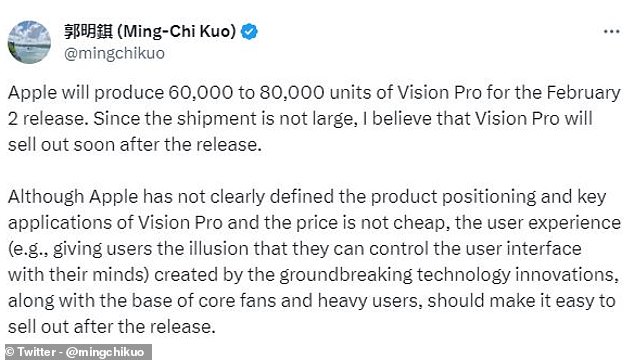 توقع محلل شركة Apple Ming-Chi Kuo على موقع X أن يتم بيع سماعة الرأس بعد وقت قصير من إصدارها