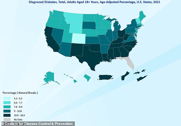 ما سبق يوضح مدى انتشار مرض السكري في كل ولاية أمريكية في عام 2021