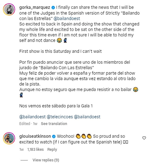 أكد جوركا وظيفته الجديدة كقاضي في النسخة الإسبانية من Strictly على Instagram الأسبوع الماضي وسارعت جيما إلى إظهار دعمها في قسم التعليقات، فكتبت: 
