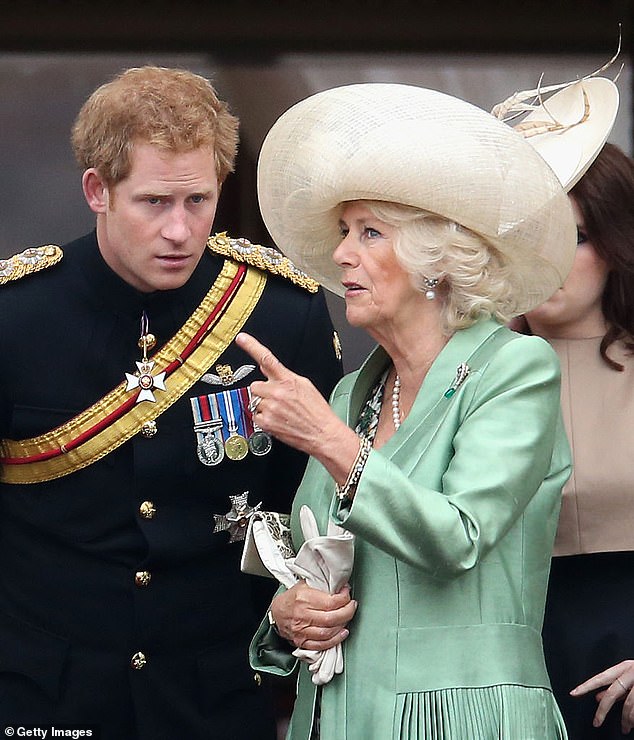 تتحدث كاميلا إلى الأمير هاري في قصر باكنغهام خلال Trooping the Color في يونيو 2015