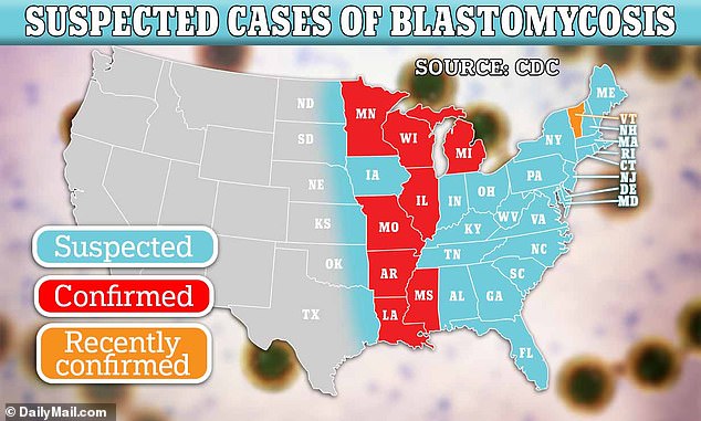 تُظهر الخريطة أعلاه الحالات التي تم فيها تأكيد حالات الإصابة بالفطار البرعمي (الأحمر)، أو المؤكدة مؤخرًا (البرتقالي)، أو التي يشتبه في حدوثها (الأزرق)