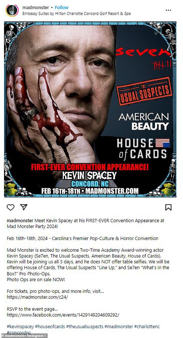 سيحضر سبيسي حفل Mad Monster Party 2024 الذي يستمر ثلاثة أيام - وهو مؤتمر مخصص لكل ما يتعلق بالرعب - في ولاية كارولينا الشمالية هذا الشهر