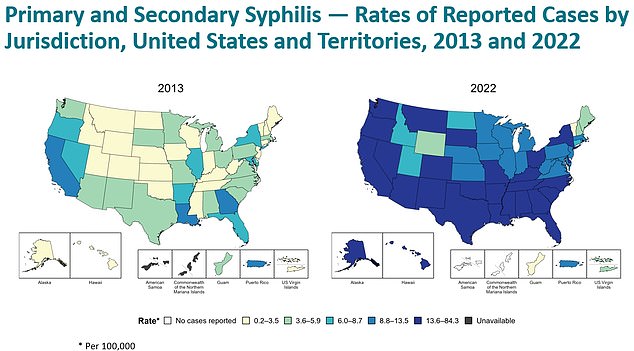 تُظهر الخريطتان كيف تحول معدل حالات مرض الزهري في جميع أنحاء الولايات المتحدة منذ عام 2013