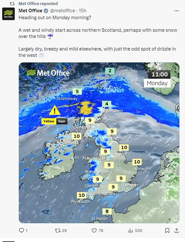 وواجه شمال اسكتلندا بداية ممطرة ورياح حتى اليوم، بينما هطلت بقع من المطر أيضًا في شمال إنجلترا وويلز