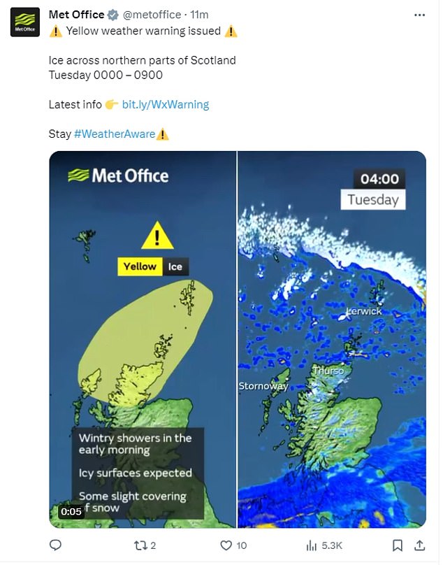 وفي الوقت نفسه، صدر تحذير أصفر من الجليد في أقصى شمال اسكتلندا - بما في ذلك جزر كيثنيس وأوركني وشيتلاند - حتى الساعة الرابعة صباحًا غدًا.