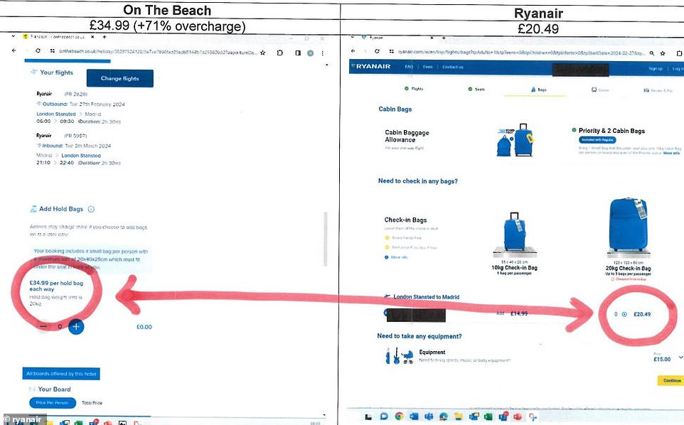 سلط تحليل Ryanair الضوء على سعر إضافة حقيبة بوزن 20 كجم إلى رحلة Ryanair عند الحجز مع On The Beach (34.99 جنيهًا إسترلينيًا)