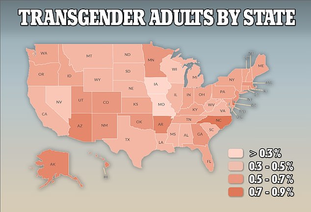 تُظهر هذه الخريطة نسبة السكان الذين يعتبرون متحولين جنسيًا حسب الولاية.  أولئك الذين لديهم اللون الداكن يمثلون ما يقرب من واحد في المائة من سكانهم في هذه الفئة