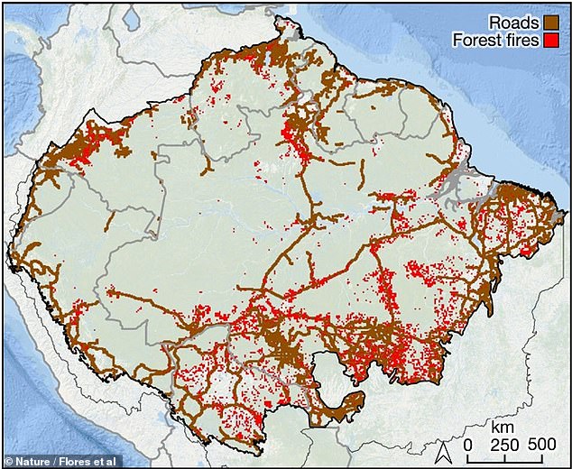 تعمل شبكات الطرق على دفع الضرر البيئي في جميع أنحاء قلب نظام الأمازون البيئي.  تعد حرائق الغابات أكثر شيوعًا على طول الممرات التي تم بناء الطرق فيها