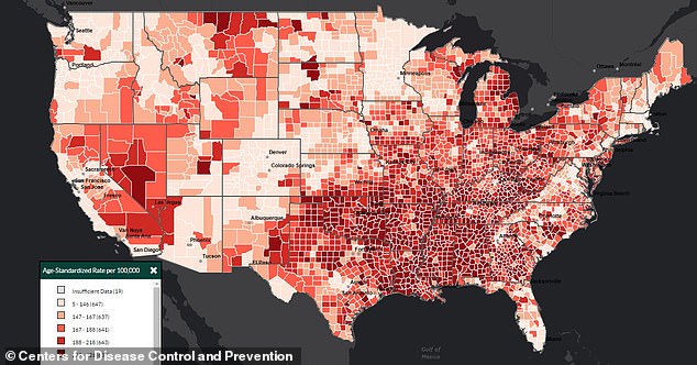 يوضح ما سبق معدل الوفيات بأمراض القلب حسب المقاطعة في الولايات المتحدة من عام 2018 إلى عام 2020