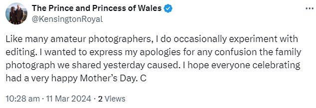 اعترفت أميرة ويلز بأنها قامت بتحرير صورة عيد الأم واعتذرت عن 