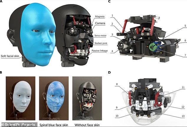 Emo هو رأس يشبه الإنسان وله وجه مزود بـ 26 مشغلًا يتيح نطاقًا واسعًا من تعبيرات الوجه الدقيقة.  يتم تغطية الرأس بجلد ناعم من السيليكون مزود بنظام ربط مغناطيسي ويحتوي على كاميرات عالية الدقة داخل حدقة كل عين