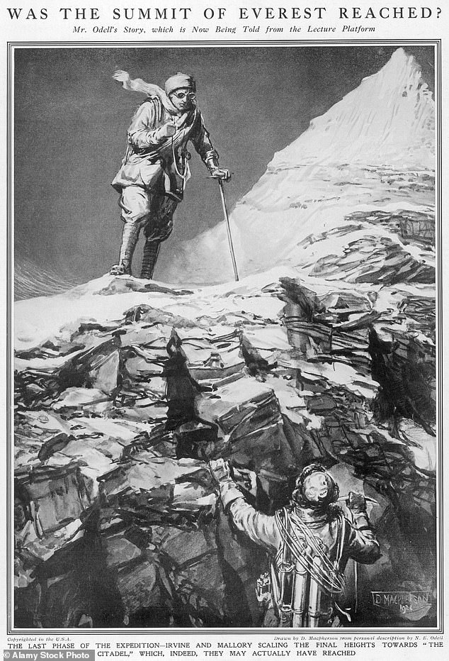 هذا انطباع فني لجورج لي مالوري (أعلى) وأندرو إيرفين يتسلقان الخطوة الثانية على قمة جبل إيفرست