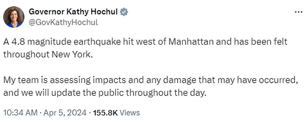 وقالت حاكمة نيويورك كاثي هوتشول على قناة X إنها وفريقها على علم بالزلزال، وأنهم يقومون بتقييم التأثيرات وأي أضرار قد تحدث.