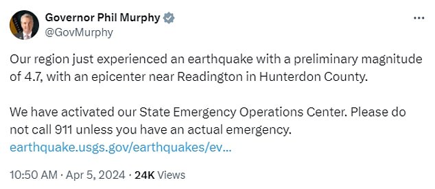 وكان مركز الزلزال بالقرب من ريدينغتون في مقاطعة هانتردون، بحسب حاكم ولاية نيوجيرسي فيل مورفي