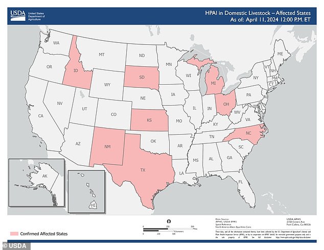 تُظهر الخريطة أعلاه الولايات التي بها قطعان ماشية تم تشخيص إصابتها بأنفلونزا الطيور