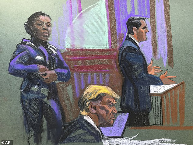 في هذا الرسم التخطيطي لقاعة المحكمة، يجلس الرئيس الأمريكي السابق دونالد ترامب بينما يتحدث محاميه تود بلانش، على اليمين، خلال اليوم الثاني لاختيار هيئة المحلفين