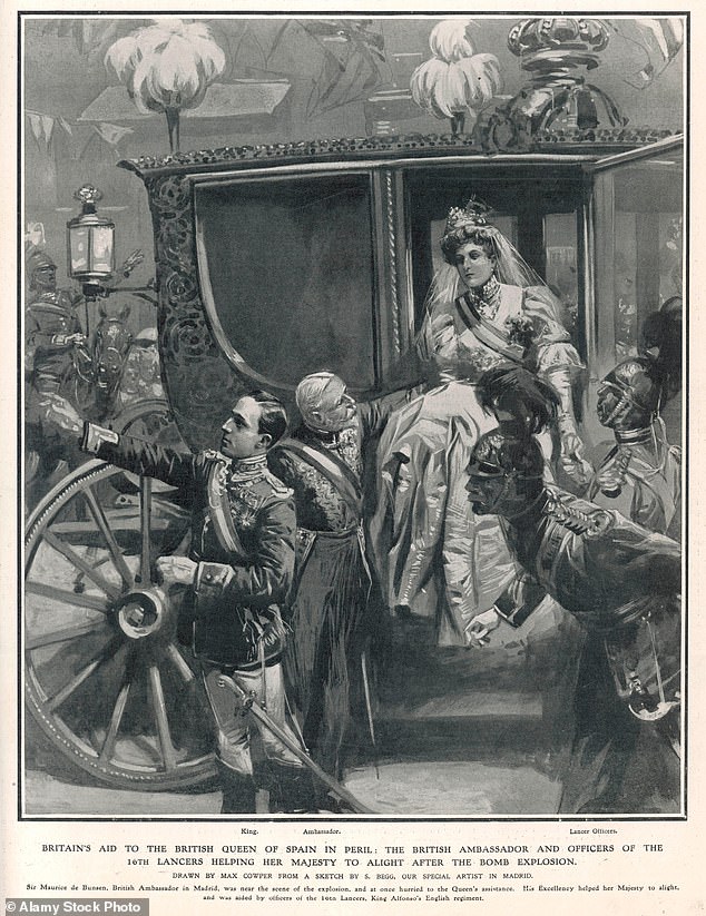 رسم توضيحي للوقت يُظهر السفير البريطاني وضباط فرقة لانسر السادسة عشرة وهم يساعدون الملكة إينا على النزول بعد انفجار القنبلة