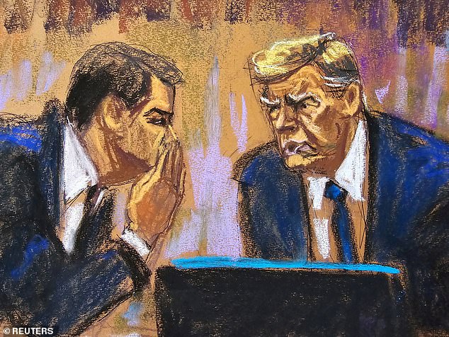 رسم تخطيطي لترامب وهو يستمع إلى محاميه تود بلانش أثناء اختيار هيئة المحلفين في 18 أبريل