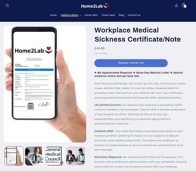 تقدم شركة Home2Lab - التي يبدو أن مقرها في شمال لندن - شهادة طبية في مكان العمل مقابل 44 جنيهًا إسترلينيًا مقابل 