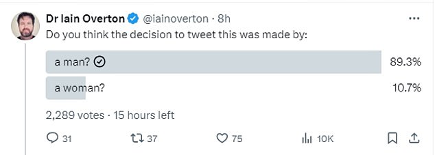 أظهر استطلاع للرأي على موقع تويتر شارك فيه 2289 صوتًا أن 89 في المائة من الأشخاص يعتقدون أن قرار نشر الميم اتخذه رجل.