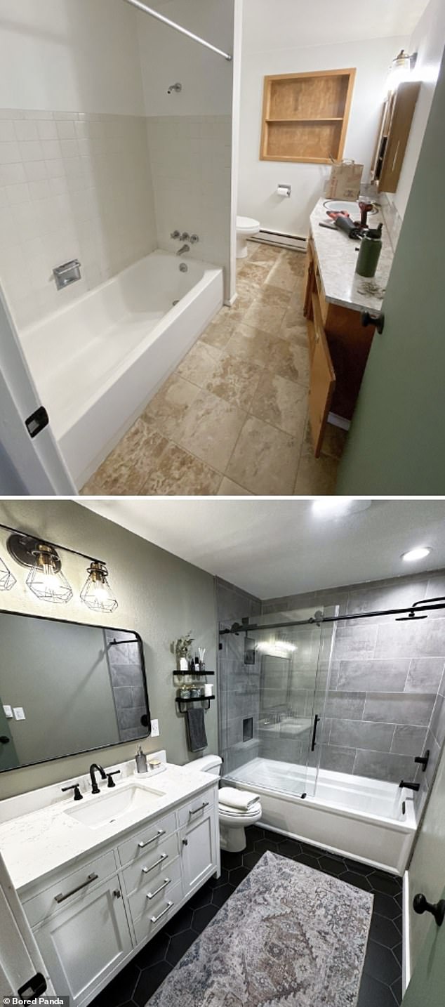 وفي الوقت نفسه، استخدم صاحب المنزل مهاراته لتزيين الحمام الذي يشبه مرحاض الفندق الأنيق