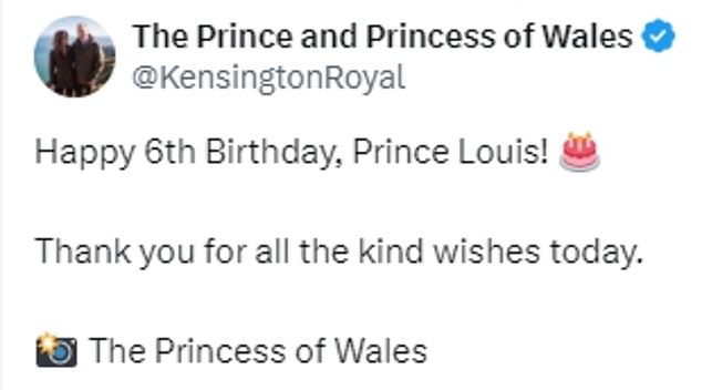 تم نشر الصورة على حسابات وسائل التواصل الاجتماعي الخاصة بأمير وأميرة ويلز، حيث شكرت المشجعين الملكيين على كل التمنيات الطيبة التي أرسلوها إلى الأمير الشاب.