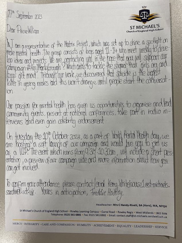 كتب فريدي هادلي، 12 عامًا، إلى أمير ويلز العام الماضي يخبره عن المبادرة التي أطلقها هو وأقرانه لمساعدة التلاميذ على إدارة صحتهم العقلية.