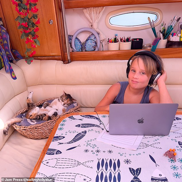 يستمتع الابن نوح بوقته مع إحدى قطط العائلة في غرفته الرائعة أثناء أداء واجباته المدرسية على جهاز كمبيوتر محمول
